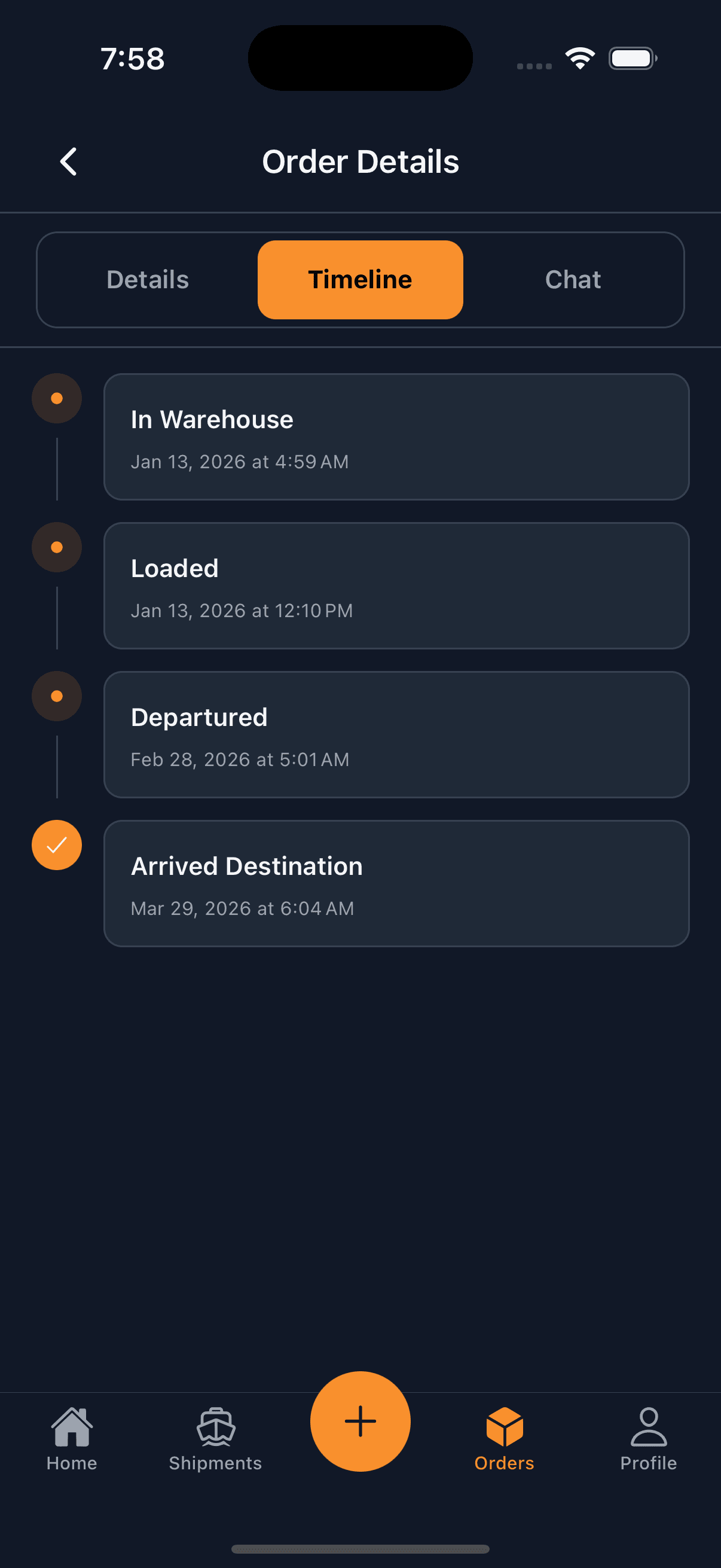 ATS mobile application shipment timeline screen